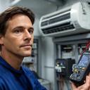 Ryu Marquet im Technikraum mit gewarteter Klimaanlage und Messgerät